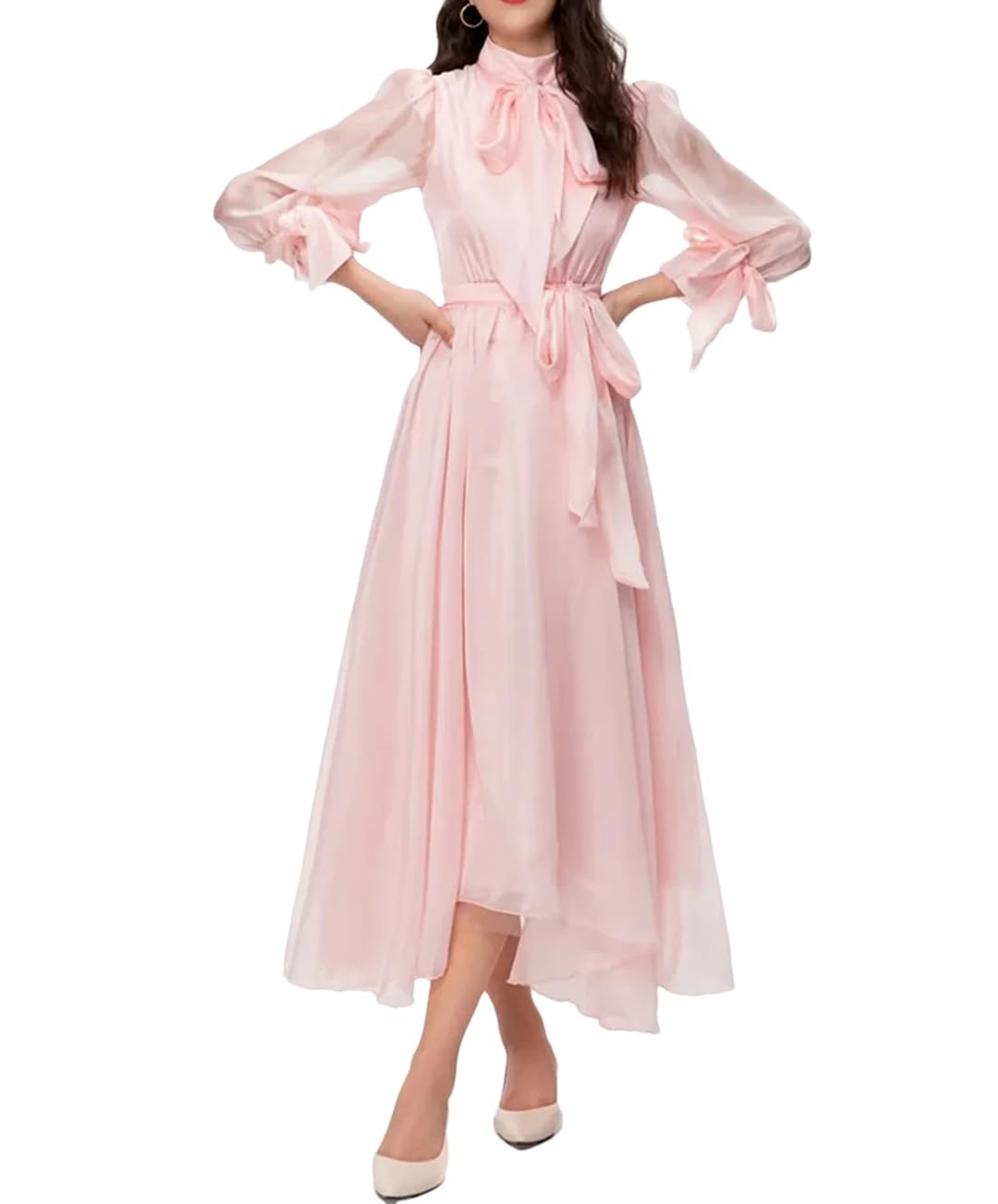 Vogrtcc Vestido elegante de fiesta para mujer, con cuello de lazo, manga acampanada, con cinturón, con cremallera, longitud a media pantorrilla, Pnnrk, L Alto