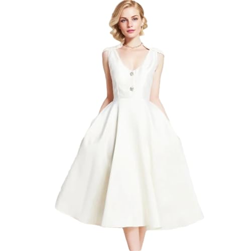 Damen-Vintage-Elegantes Damen-Kleid Mit V-Ausschnitt, Knopfdekor, A-Linie, Midi, Langes Party-Nachtkleid, blanco, XL