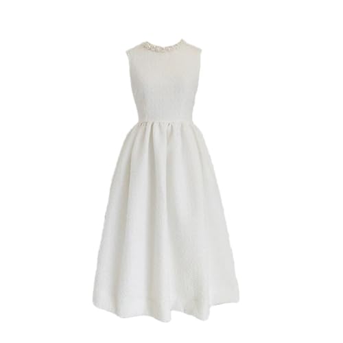 Damen Sommerkleid Mit Perlenausschnitt, Prinzessin, A-Linie, Midi, Lang, Für Party, Geburtstag, Dame, Elegantes Kleid, blanco, L