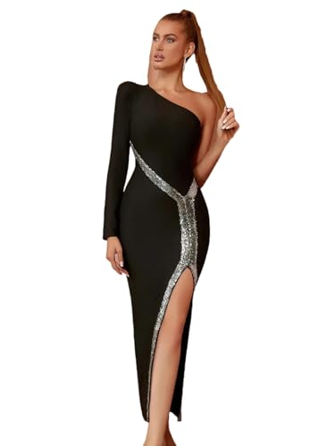 Vestido de manga larga con lentejuelas y un hombro para mujer, vestido de fiesta, Vestido Vendaje Negro, S