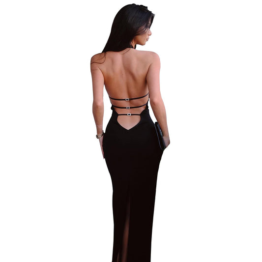 KOEMCY Vestido Sexy de Cóctel para Mujer Vestido de de Espagueti Halterneck Bodycon Vestido sin Mangas Vestido Largo sin Respaldo Verano (Negro,S)